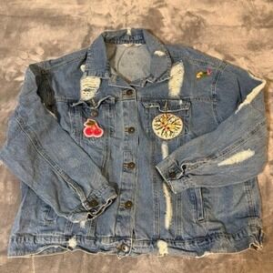 Highway Jeans Distressed Denim Jacket Blue Patch Butterfly Cherry Cross 2X